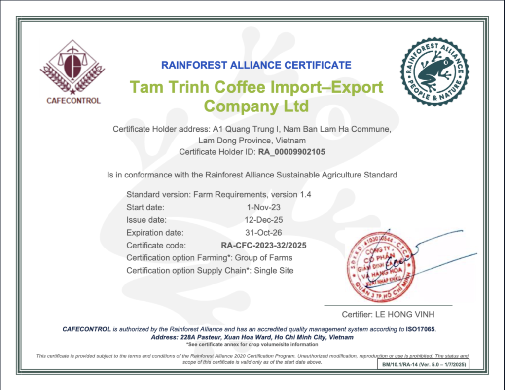Chứng nhận Rainforest Alliance của Tám Trình Coffee